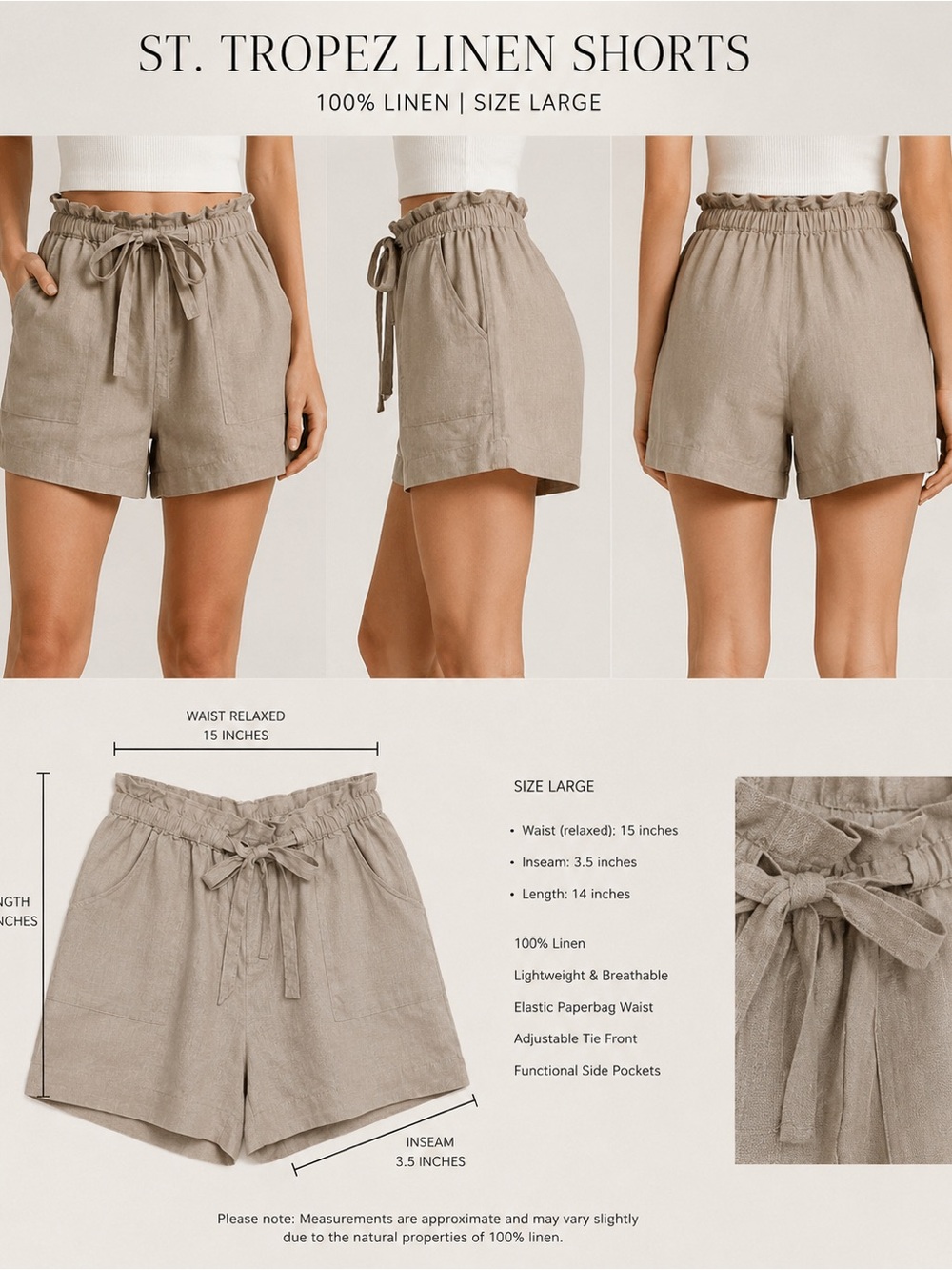 St. Tropez Taupe Linen High-Waist Paperbag Shorts